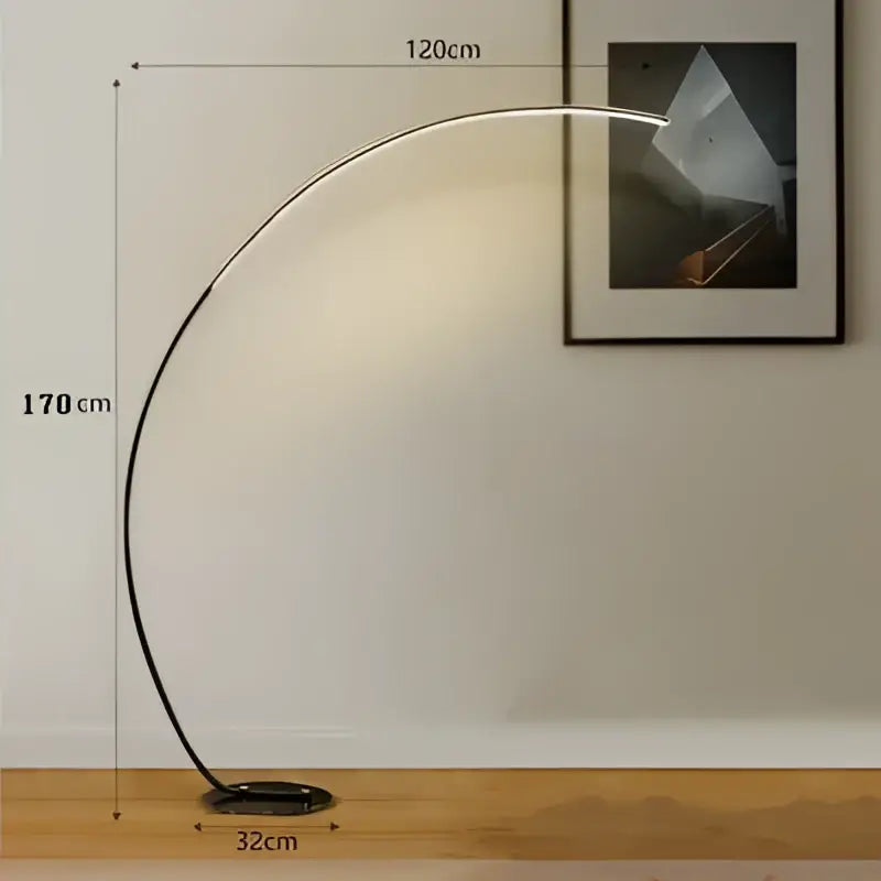 Modern arched DecorBites black LED dimming floor lamp with sleek black metal frame and warm white LED light for bedroom and living room