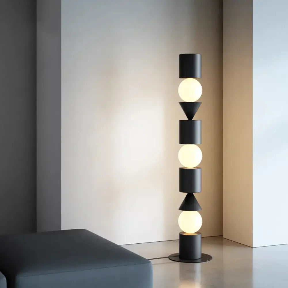 DecorBites black led floor lamp with black geometric matte shades and warm glowing bulbs for home decorative lighting