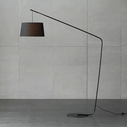 Modern black metal led floor lamp with curved design and dark brown fabric shade for living room and bedroom decor