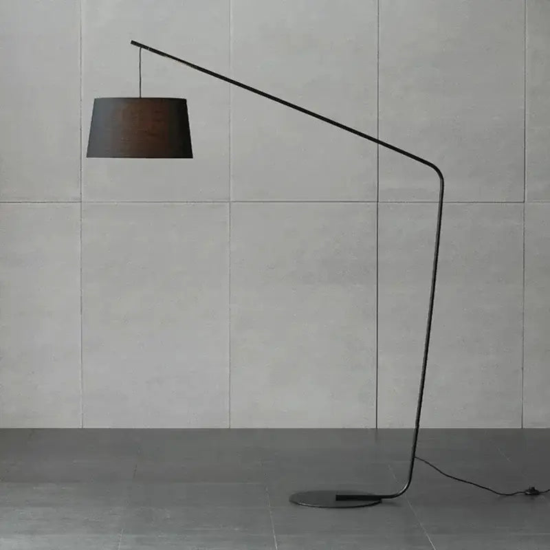 Modern black metal led floor lamp with curved design and dark brown fabric shade for living room and bedroom decor