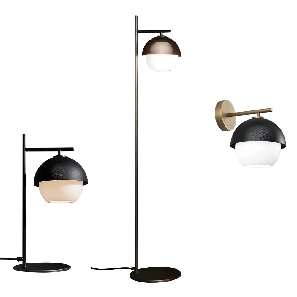 Modern minimalist black led floor lamp by DecorBites with sleek metal frame and textured dome shade for living room use