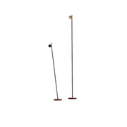 Two decorbites black led floor lamps with slender black metal poles and brass-finished globes on wooden bases