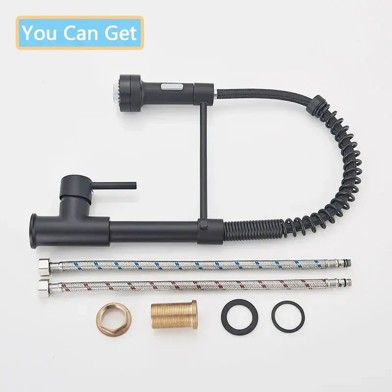 Decorbites black led kitchen faucet with matte black finish flexible coiled hose and two braided supply lines