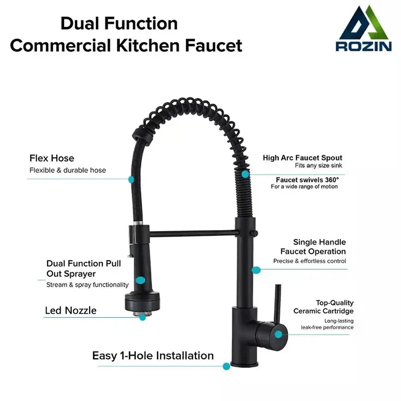 Black led kitchen faucet by DecorBites with dual function pull down mixer tap and flexible high arc spout for commercial use