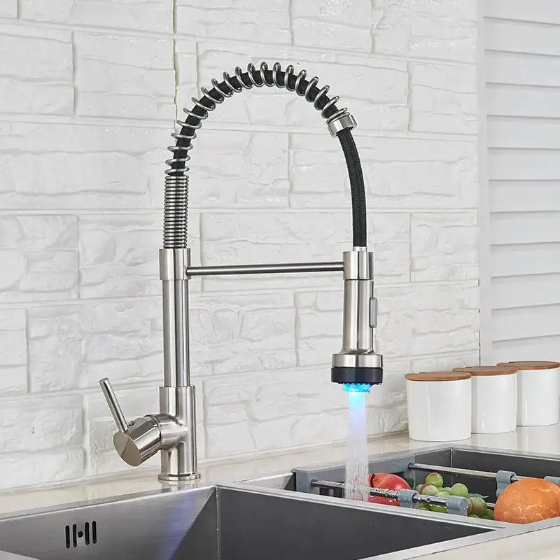 DecorBites black led kitchen faucet stainless steel pull-down mixer tap with flexible coiled hose and blue led lighting