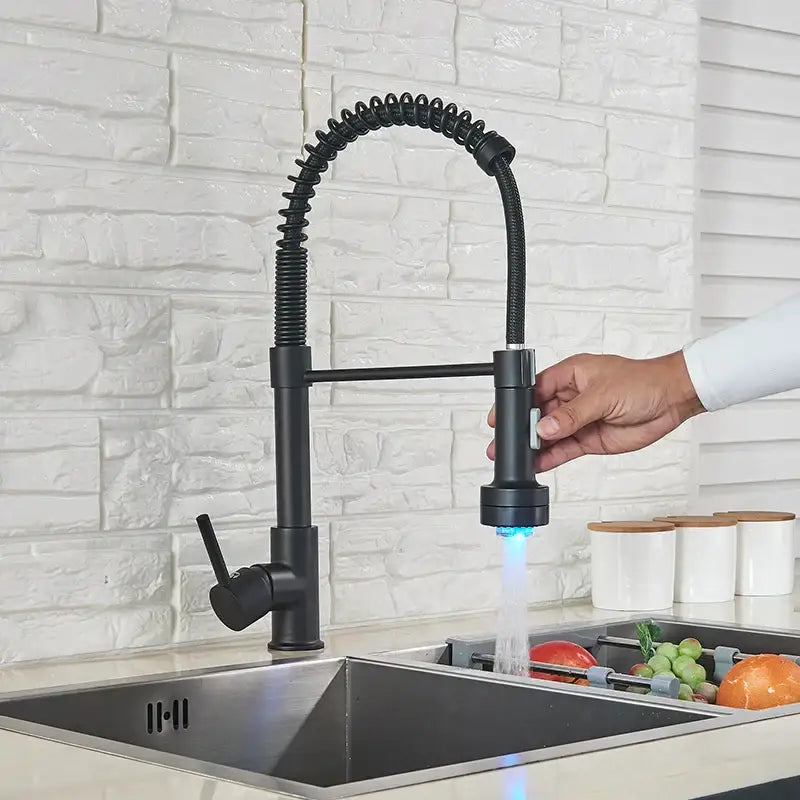 Decorbites black led kitchen faucet with matte finish flexible gooseneck spout and blue led lighting for pull down use