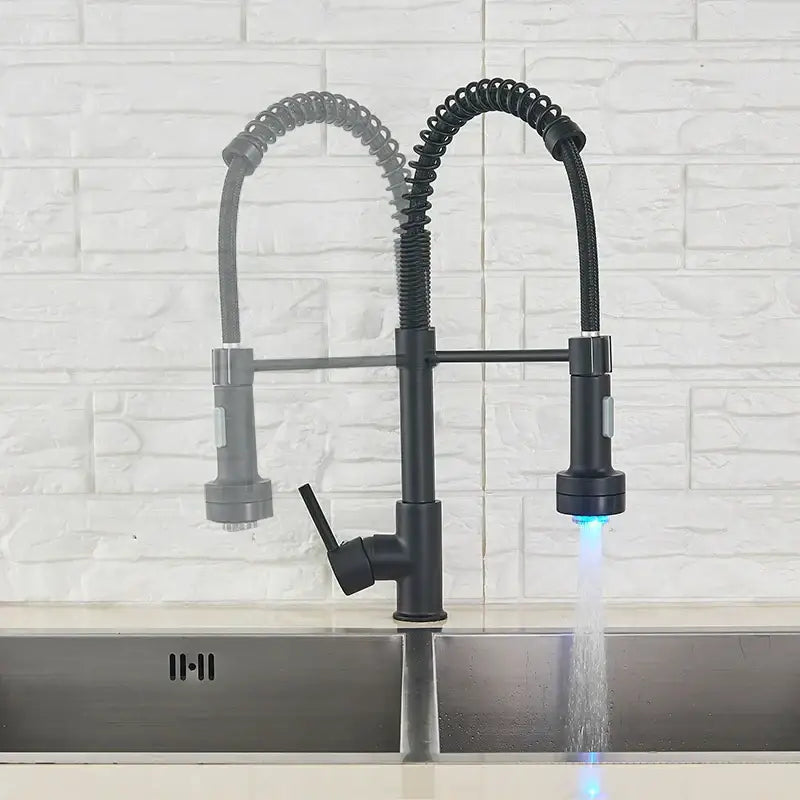 Decorbites black led kitchen faucet in black matte finish with flexible coiled hose and dual spray heads for versatile use