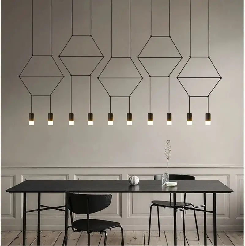 Decorbites black led linear chandelier featuring black hexagonal wireframe and frosted glass shades for dining room use
