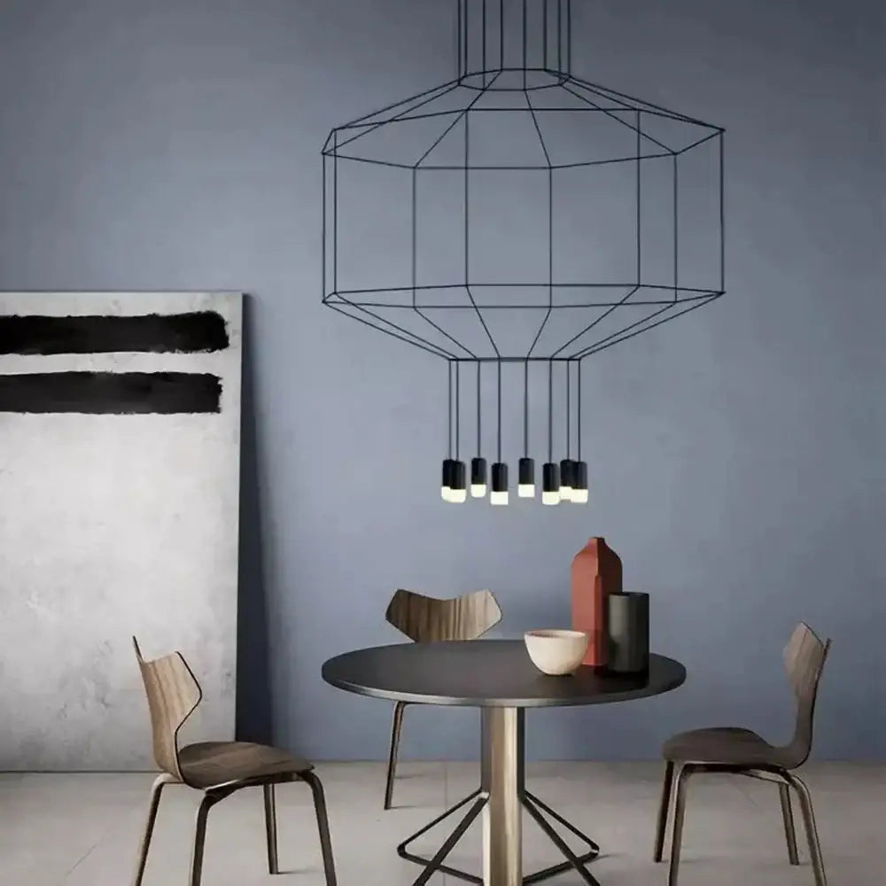 Black geometric wireframe decorbites black led linear chandelier with multiple cylindrical hanging lights for dining room