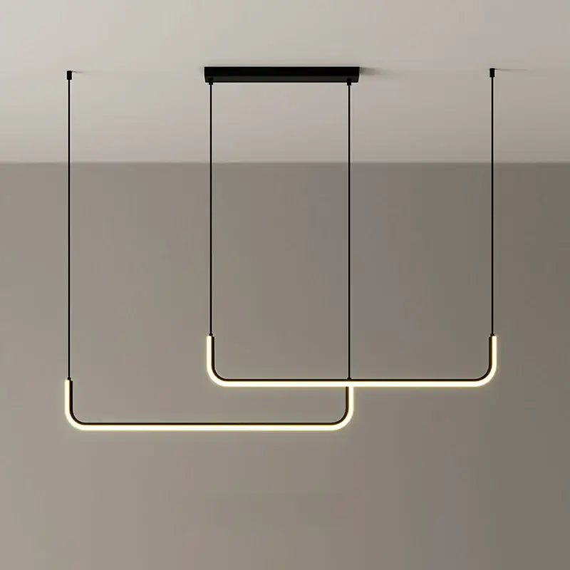 Modern black led pendant chandelier by decorbites with sleek minimalist design and warm horizontal led strips for dining rooms