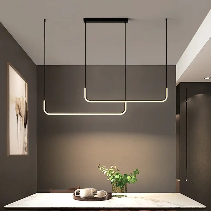 Modern minimalist pendant chandelier with sleek black led frames and warm white led strips by decorbites black led