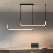Modern black-framed decorbites black led pendant chandelier with curved led strips emitting warm glow for dining room decor