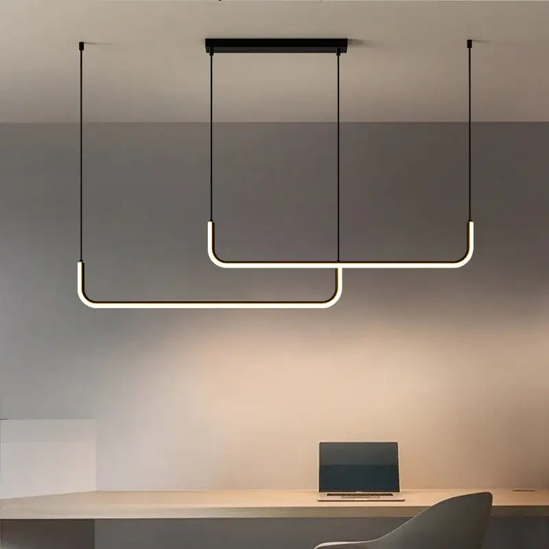 Modern black-framed decorbites black led pendant chandelier with curved led strips emitting warm glow for dining room decor