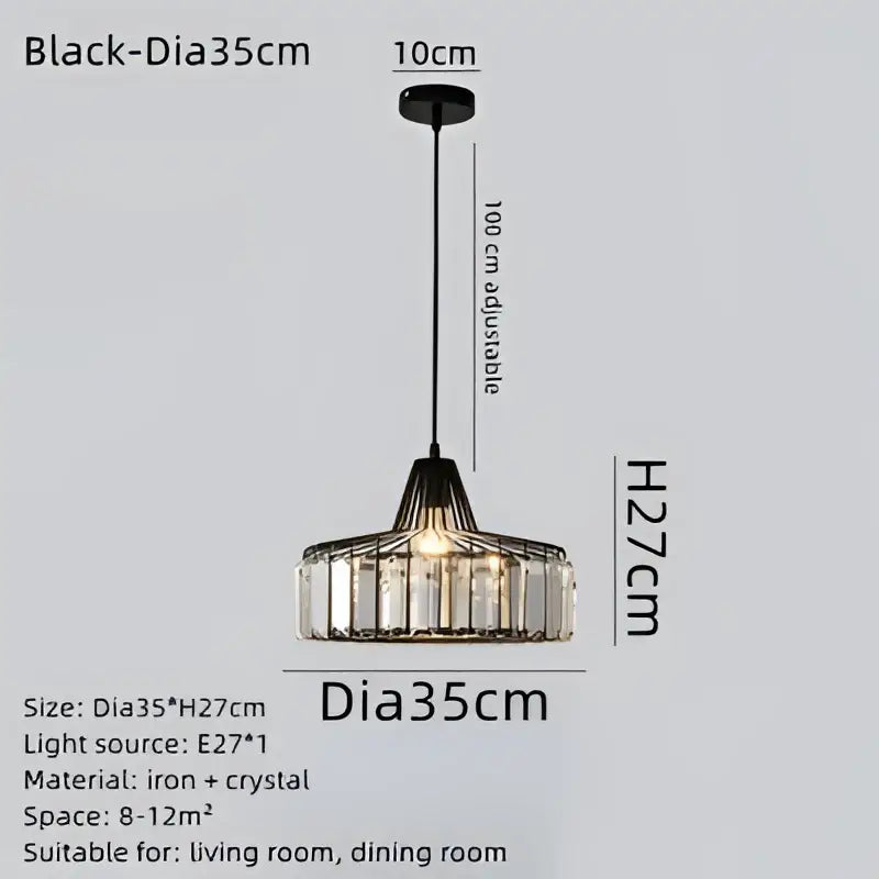 DecorBites black led pendant chandelier with black iron and crystal, 35cm diameter, adjustable height up to 100 cm