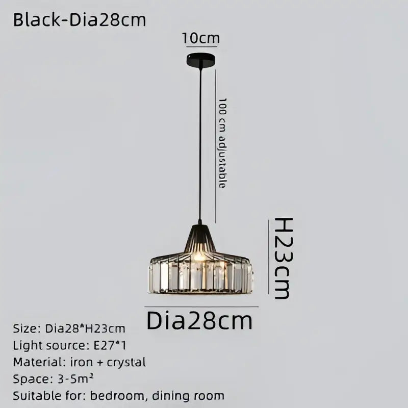 DecorBites black led pendant chandelier with black iron and crystal, 28cm diameter, adjustable height up to 100cm