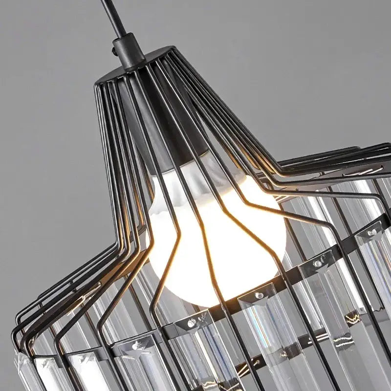 Black metal cage pendant chandelier with clear crystal prisms decorbites black led pendant for dining room lighting