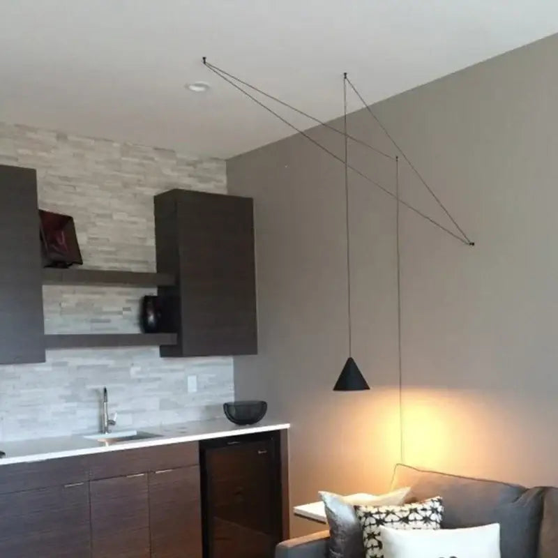 Decorbites black led pendant chandelier with black conical shade and thin wire suspension for modern bedroom and dining room decor