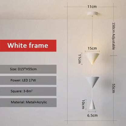 White conical led pendant chandelier by decorbites with metal and acrylic construction and adjustable height settings