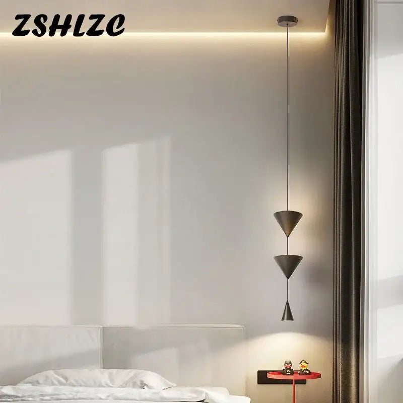 Modern black metal led pendant chandelier with three stacked conical shades for nordic home decor