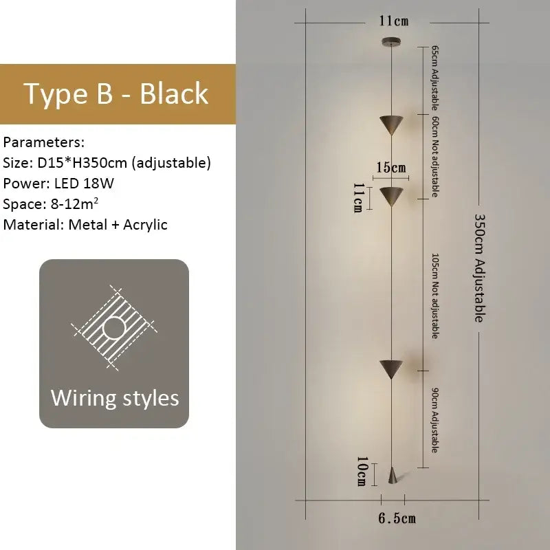 Decorbites black led pendant chandelier with modern tiered design featuring three metal and acrylic conical shades