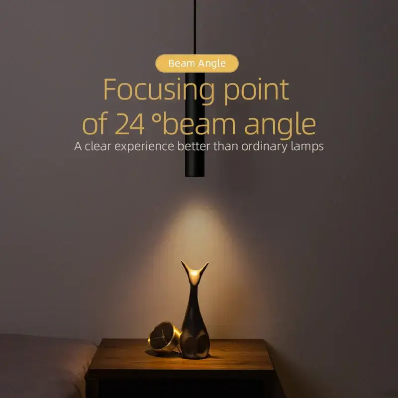 Decorbites black led pendant light 5w with 24 degree beam angle casting focused light on dark vase and clock