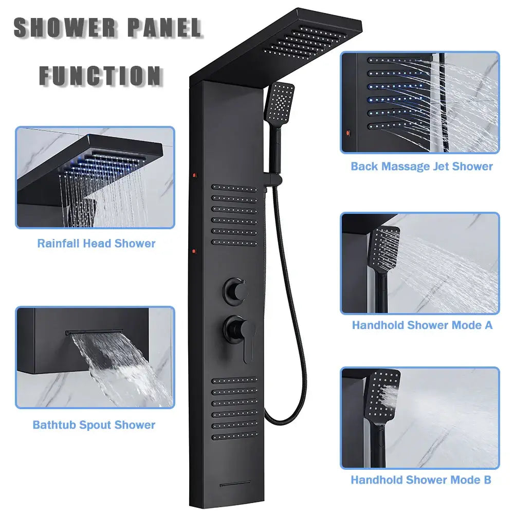 Black matte shower column with multiple spray heads and handheld shower attachment by DecorBites black led shower
