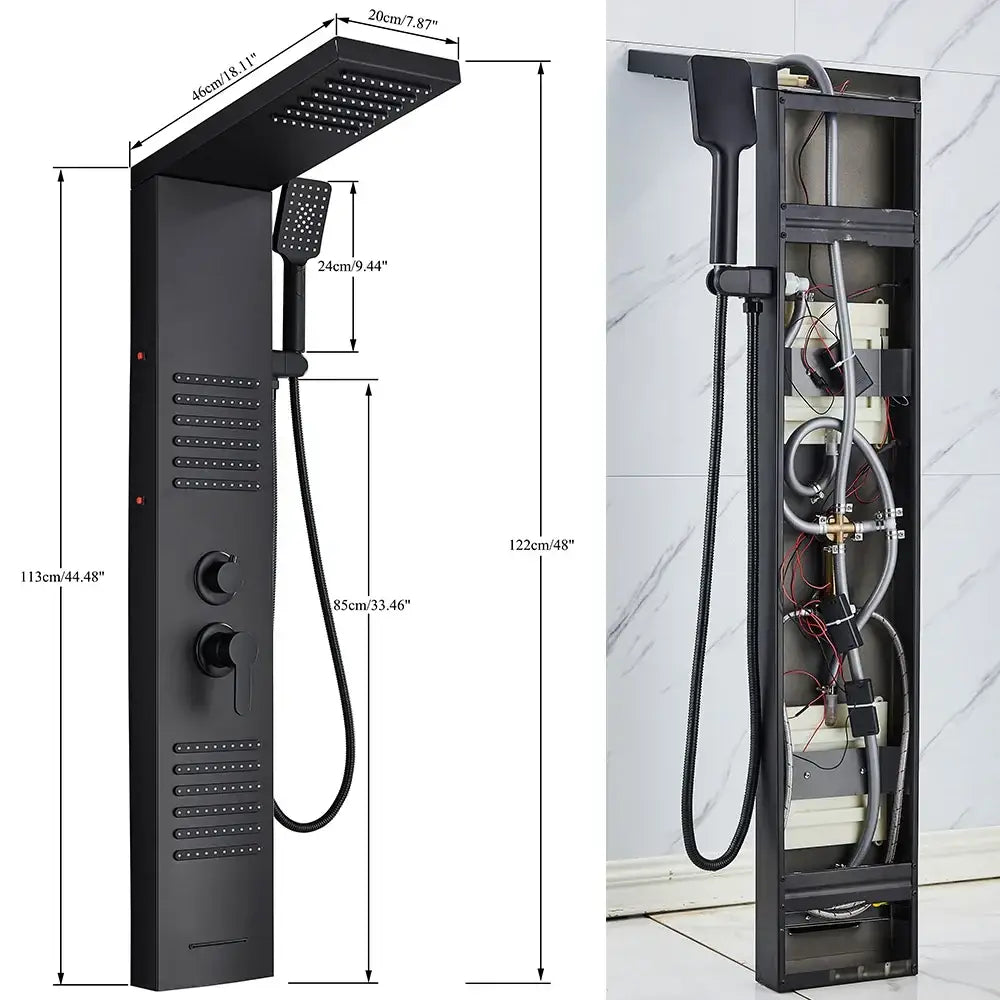 Decorbites black led shower column in black matte finish with rainhead, handheld spray, massage jets, and integrated controls