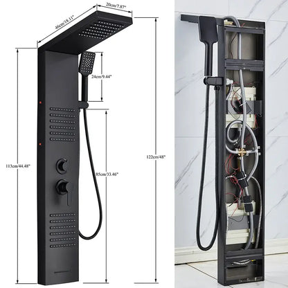 Decorbites black led shower column in black matte finish with rainhead, handheld spray, massage jets, and integrated controls