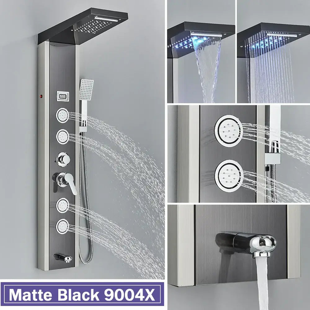 Matte black 9004x shower column by decorbites black led with multiple spray heads and waterfall mixer tap in sleek design