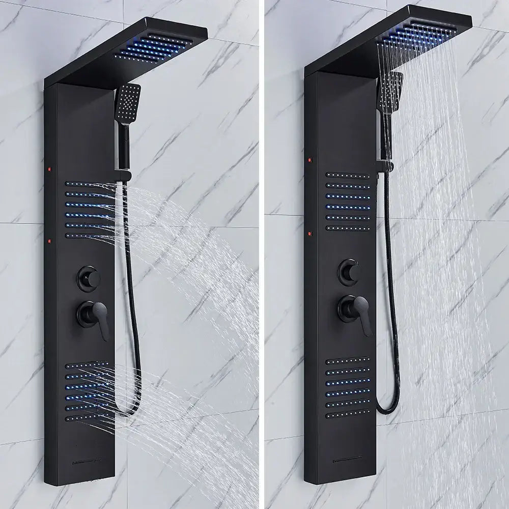 Decorbites black led shower column in black matte finish with massage jets, waterfall mixer tap, and blue led lighting accents