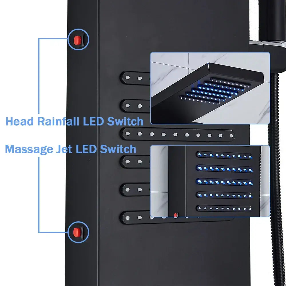 Decorbites black led shower column with matte black finish, integrated led switches, rainfall and massage jets, and matching rainhead and nozzles