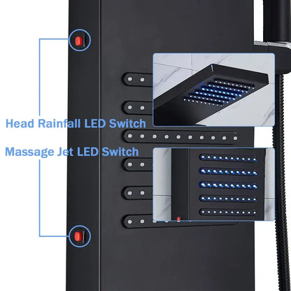 Decorbites black led shower column with matte black finish, integrated led switches, rainfall and massage jets, and matching rainhead and nozzles