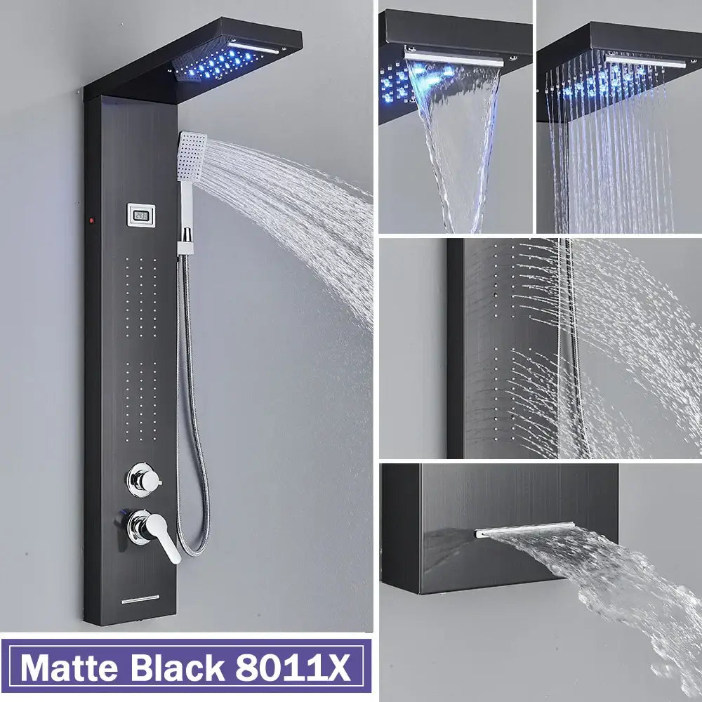 Matte black DecorBites black led shower column with integrated led lighting massage jets and waterfall mixer tap