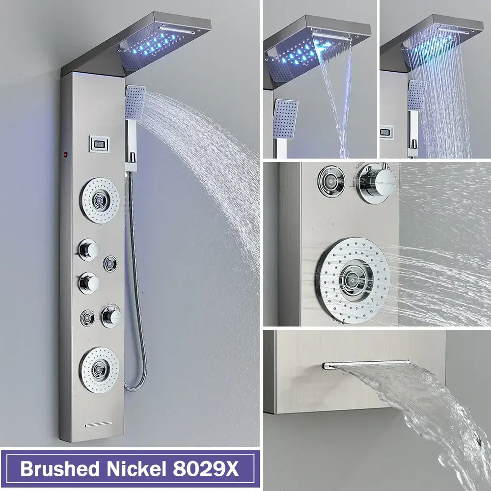 Decorbites black led shower column in brushed nickel with multiple spray heads and control knobs for versatile showering