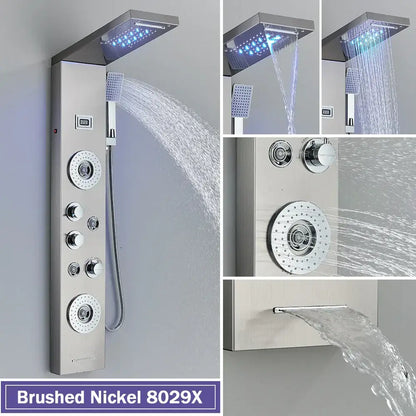 Decorbites black led shower column in brushed nickel with multiple spray heads and control knobs for versatile showering