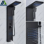 Black matte finish decorbites black led shower column with massage jets waterfall mixer tap and led lighting