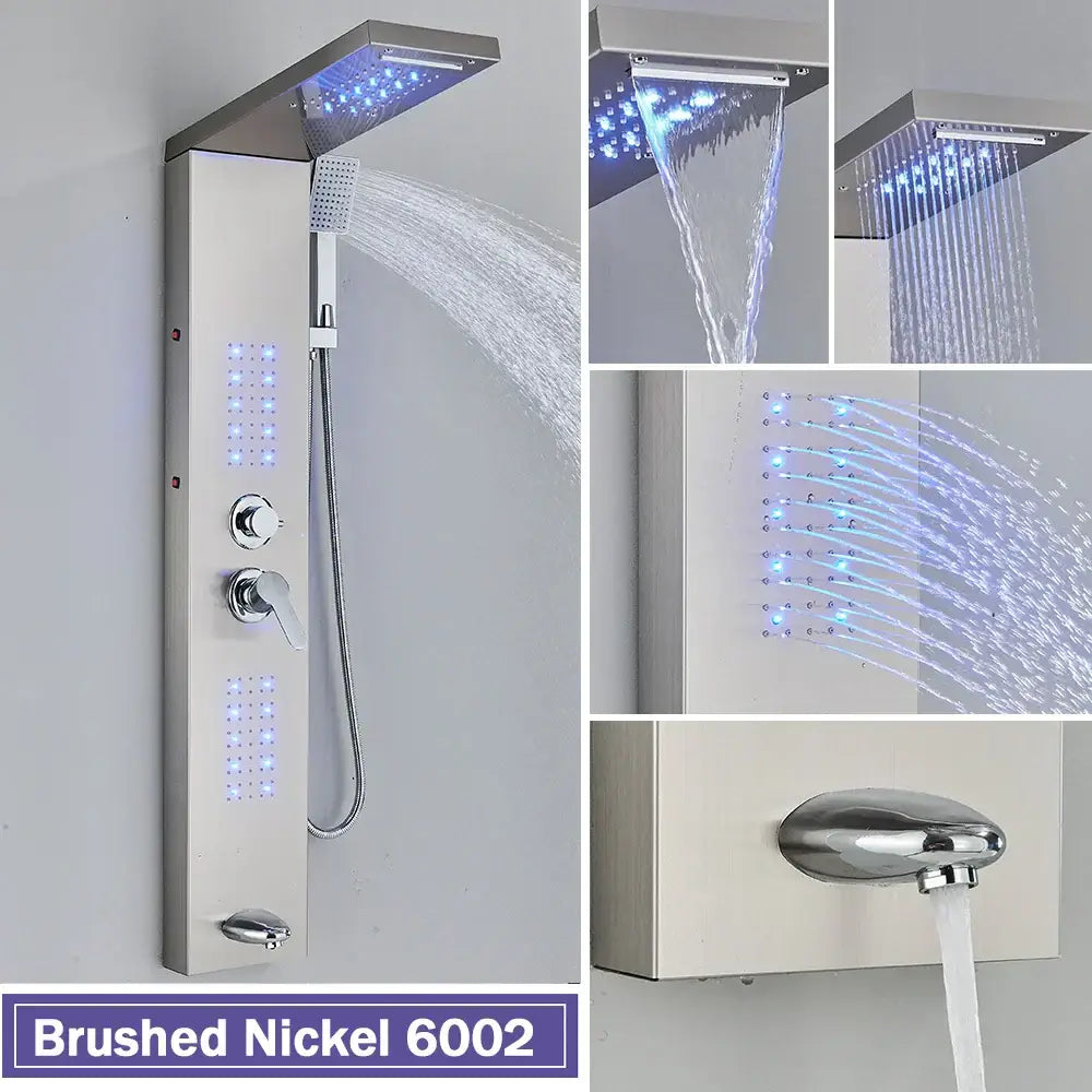Decorbites black led shower column in brushed nickel with rectangular rainhead handheld spray and integrated led lighting