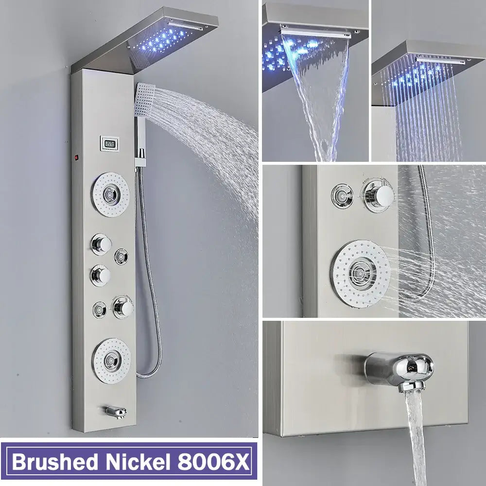 Brushed nickel shower column with rectangular rainhead and multiple handshower options from decorbites black led shower series