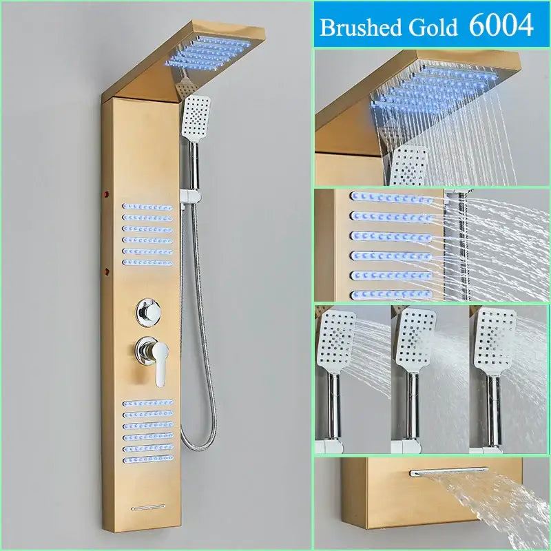 Brushed gold shower faucet panel with multiple spray heads and led lighting in decorbites black waterfall rain system