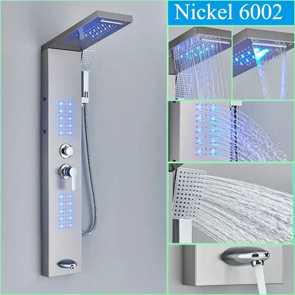 Nickel 6002 shower faucet panel with sleek modern design, multiple spray settings, and integrated blue led lighting