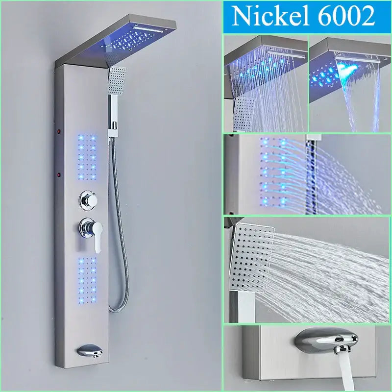 Nickel 6002 shower faucet panel with sleek modern design, multiple spray settings, and integrated blue led lighting