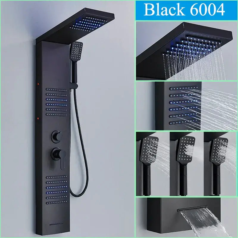 Decorbites black led shower faucet panel with waterfall rain system massage spa spout and multiple spray settings