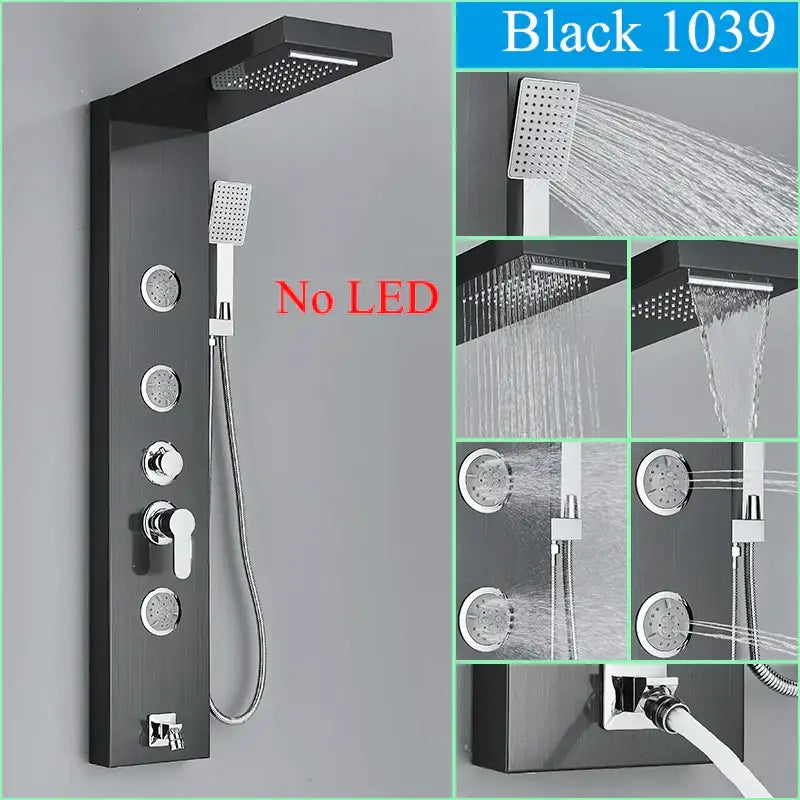 DecorBites black shower faucet panel with LED lights, large rainhead, multiple handshowers, and chrome controls