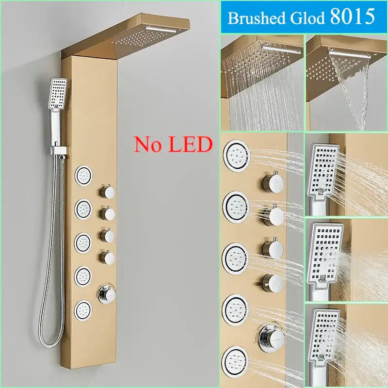 Brushed gold 8015 shower faucet panel with multiple spray heads and control knobs for DecorBites black LED shower faucet