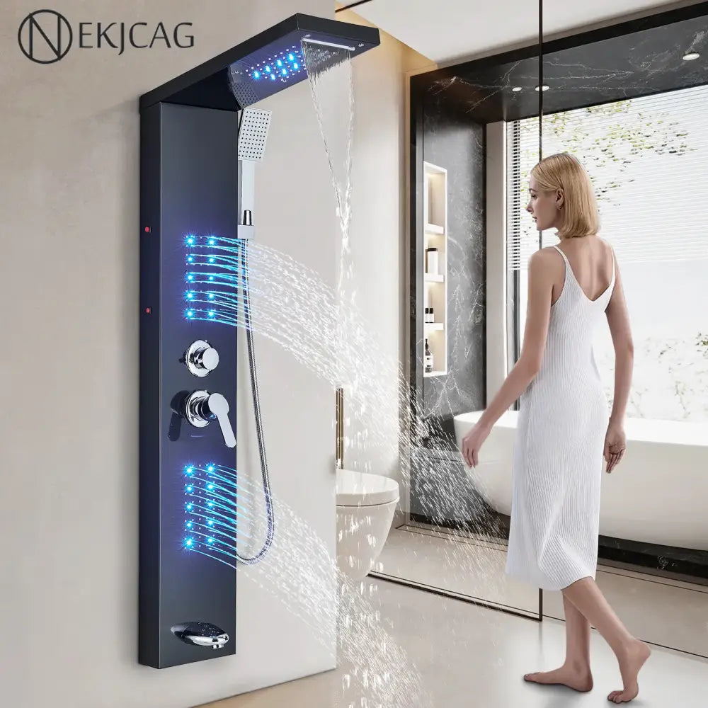 DecorBites™ black led shower faucet panel with blue led lighting, multiple spray nozzles, and waterfall rain system