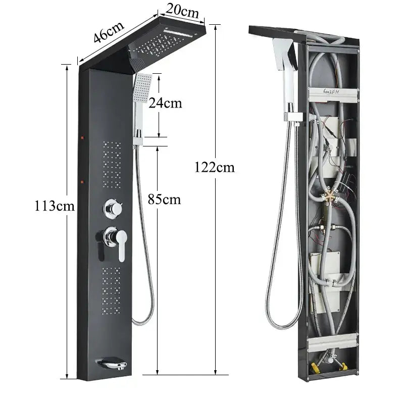 DecorBites™ black shower faucet panel with large rectangular rainhead handheld showerhead and chrome controls