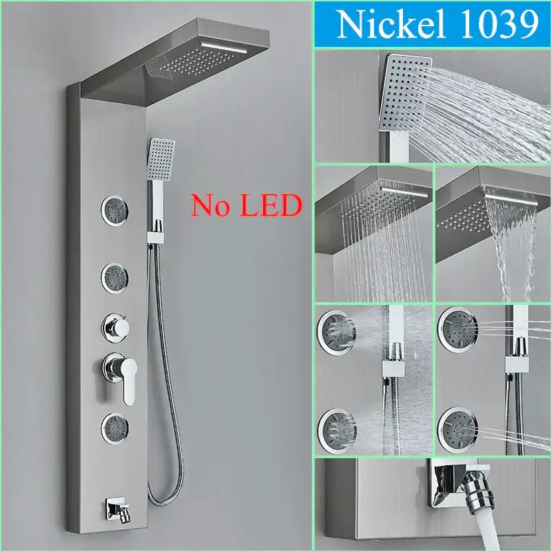 Modern nickel-finished shower faucet panel with rectangular rainhead, handheld spray, and multiple circular jet nozzles