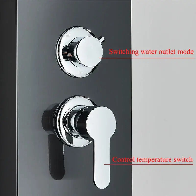 Chrome finished shower faucet panel featuring a circular mode switch and lever temperature control for DecorBites™ spa use