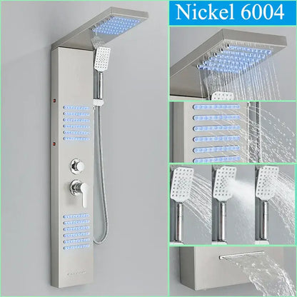 Nickel 6004 shower faucet panel with black led lighting multiple spray heads waterfall rain system and massage spa spout