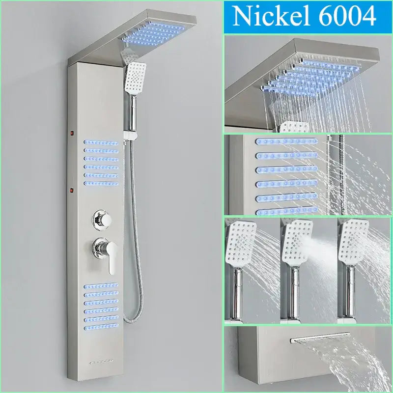 Nickel 6004 shower faucet panel with black led lighting multiple spray heads waterfall rain system and massage spa spout
